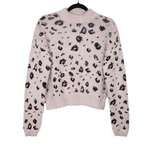 Candie's Cropped Pink Silver Leopard Print Eyelash Sweater Women's Size Medium